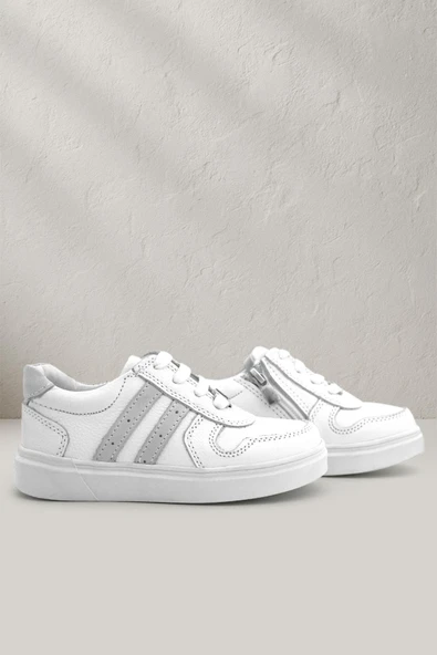 Rakerplus Hakiki Deri Beyaz Bağcıklı Fermuarlı Çocuk Sneaker Ayakkabı - Resim 9