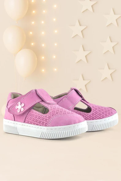 Rakerplus Bheem Hakiki Deri Pembe Cırtlı Çiçek Detaylı Bebek Sandalet