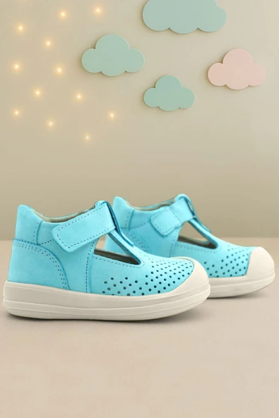 Rakerplus Shaun Hakiki Deri Mavi Beyaz Cırtlı Anatomik Bebek Sandalet ürün görseli 1