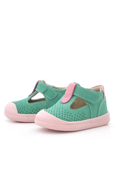 Rakerplus Shaun Hakiki Deri Su Yeşili Pembe Cırtlı Anatomik Kız Bebek Sandalet - 6