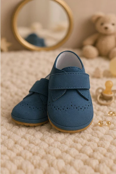 Hakiki Deri Lacivert Süet Cırtlı Bebek Patik Ayakkabı