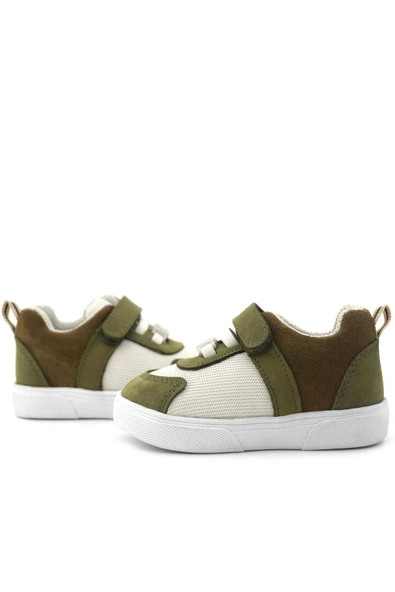 Rakerplus Hakiki Deri Haki Yeşil Krem Rengi Cırtlı Bebek Ayakkabı - Resim 8