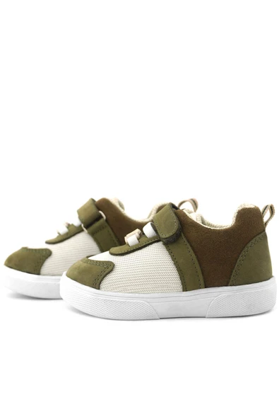 Rakerplus Hakiki Deri Haki Yeşil Krem Rengi Cırtlı Bebek Ayakkabı - Resim 6