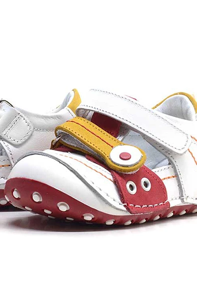 Hakiki Deri Sarı Kırmızı Cırtlı Yazlık İlk Adım Ayakkabı - Resim 5