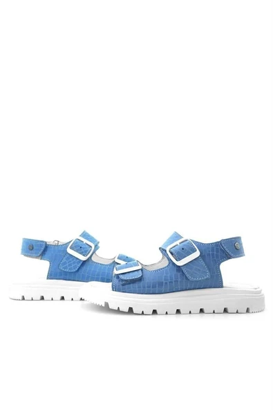 Hakiki Deri Mavi Desenli Tokalı Kız Çocuk Sandalet - 8