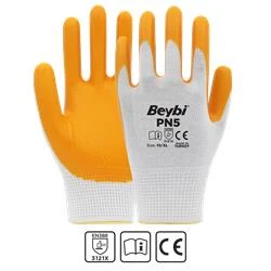 Beybi Nitril PMK PN5 Beyaz Sarı Örme Polyoster Nitril  9 Beden 12li Paket EN388 (3121X) - 2