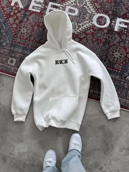 Uzun Kol Kapüşonlu Göğüs Baskılı SweatShirt - Beyaz - Resim 2