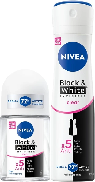 NIVEA Kadın Sprey Deodorant Black&White Clear 150ml Ve Mini Roll-on 25ml, 72 Saat Anti-Perspirant Koruma