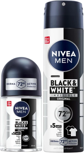 NIVEA MEN Erkek Sprey Deodorant Black&White Invisible Original 150ml ve Mini Roll-on 25ml, 72 Saat Anti-Perspirant Koruma