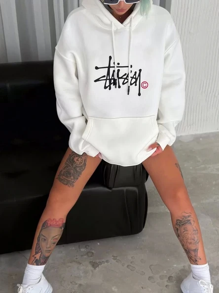 Üç İplik Kapşonlu Baskılı SweatShirt - Beyaz ürün görseli 1