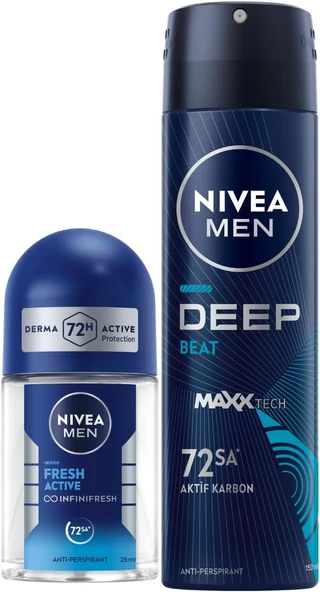 Nivea MEN Erkek Sprey Deodorant Deep Beat 150ml ve Mini Roll-on Fresh Active 25ml Set, Ter Karşıtı Koruma ürün görseli