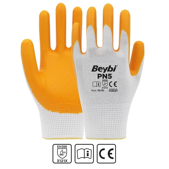 Beybi Nitril PMK PN5 Beyaz Sarı Örme Polyoster Nitril  9 Beden 12li Paket EN388 (3121X) - 1