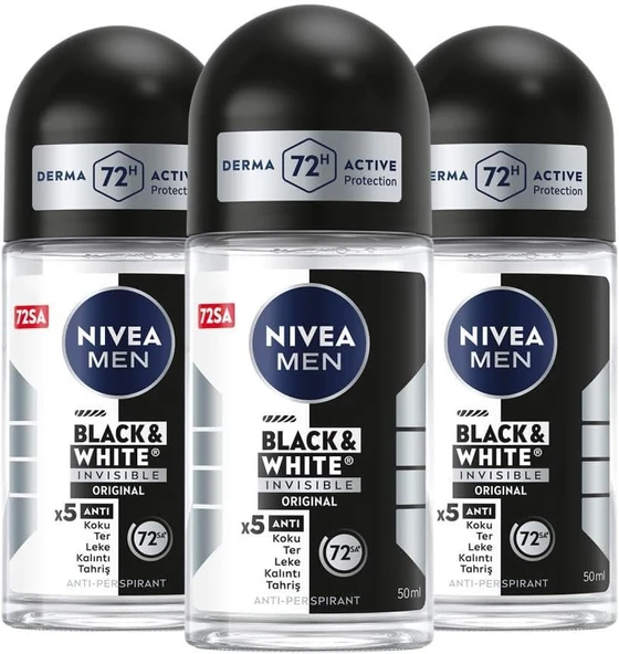 NIVEA MEN Erkek Roll-on Deodorant Black&White Invisible Original 50ml, 72 Saat Anti-perspirant, X3 AdetSet P09753