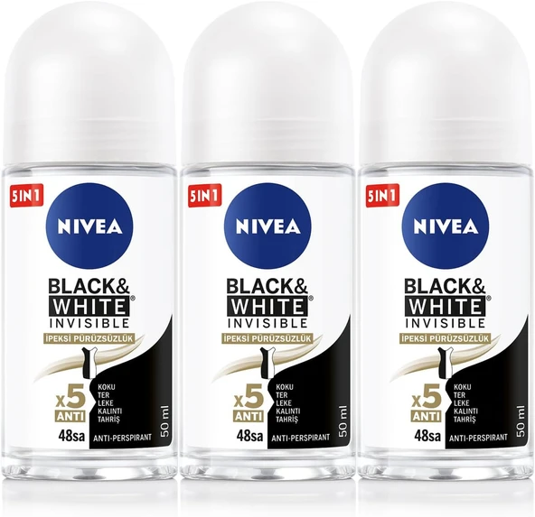 Nivea Kadın Roll on Deodorant Black&White Invisible İpeksi Pürüzsüzlük,48saat Koruma 50mlx3 ürün görseli 1
