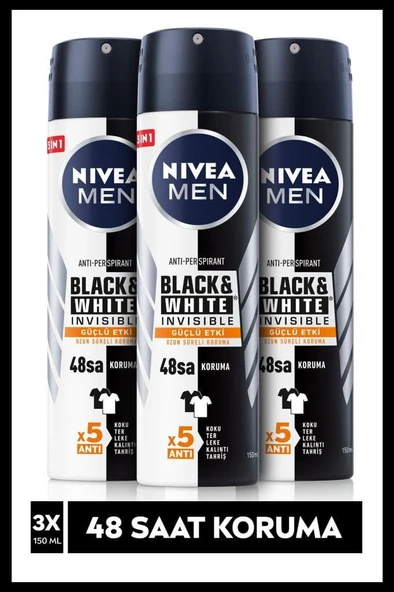 NIVEA MEN Erkek Sprey Deodorant Black&White Invisible Güçlü Etki 150ml x3 Adet, Ter ve Ter Kokusuna Karşı 48 Saat Anti-perspirant Koruma, İz Bırakmayan Formül ürün görseli