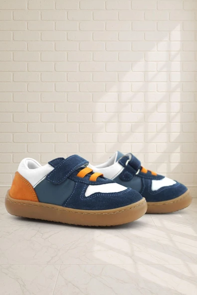 Rakerplus Bob Hakiki Deri Lacivert Beyaz Barefoot Cırtlı Lastikli Bebek Sneaker Ayakkabı ürün görseli