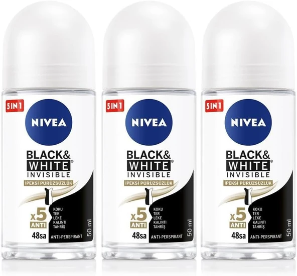 NIVEA Kadın Roll-on Deodorant Black&White 50ml, 48 Saat Koruma, X3 Adet ürün görseli