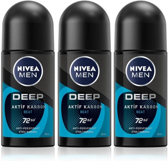 NIVEA MEN Erkek Roll-on Deodorant Deep Beat 50ml, 72 Saat Koruma, X3 Adet