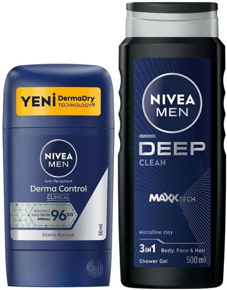 NIVEA MEN Erkek Stick Deodorant Derma Control Clinical 50ml ve MEN Active Clean Erkek Duş Jeli 500ml ürün görseli 1