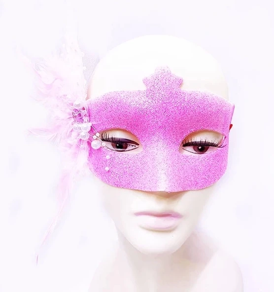 CEYLAN ADAM Nessiworld  Sim İşlemeli İnci Boncuk Detaylı Tüylü Balo Maskesi Pembe Renk 13x18 cm