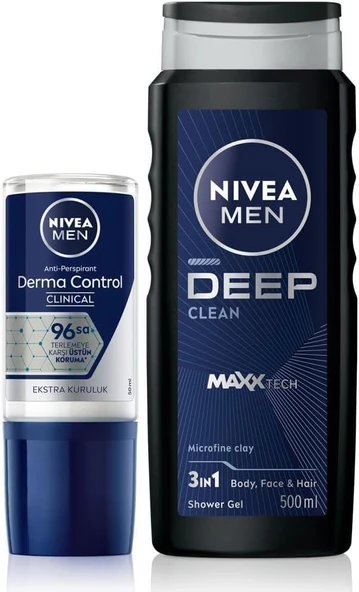 NIVEA MEN Erkek Roll-on Deodorant Derma Control Clinical 50ml ve MEN Active Clean Erkek Duş Jeli 500ml ürün görseli