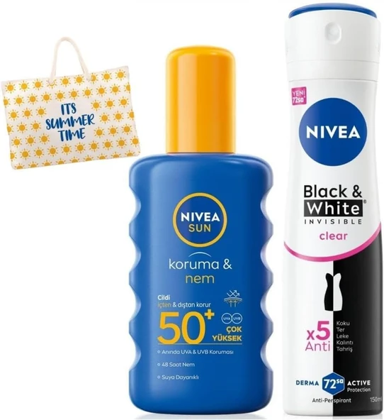 NIVEA SUN Güneş Koruyucu Vücut Spreyi 200ml, SPF50 ve Sprey Deodorant Black & White Invisible Clear 150ml, Çanta Hediyeli