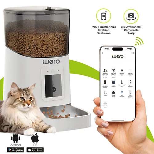 Wero Akıllı Kedi Köpek Mama Kabı Pro 1080p Ayarlanabilir Kamera Wifi Kontrol Pet Feeder Metal Kase Beyaz 6 Lt - 1