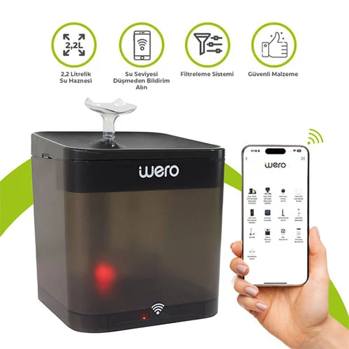 Wero Akıllı Kedi Köpek Su Şelalesi Su Pınarı Su Sebili Otomatik Su Temizleme WiFi Uv 2,2 Lt Siyah