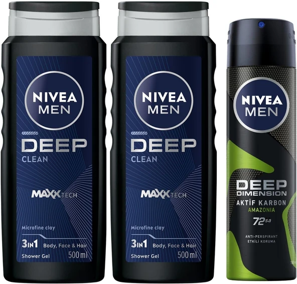 NIVEA Men Deep Dimension Duş Jeli 500 ml, 3'ü 1 Arada Komple Bakım, Vücut, Saç ve Yüz için, Çekici Koku X2 + NIVEA Men Erkek Sprey Deodorant Deep Dimension Amazonia 48 Saat Koruma,150 ml ürün görseli