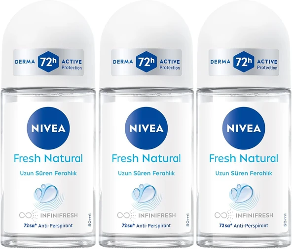 NIVEA Kadın Roll-On Deodorant Fresh Natural 50 ml,72 Saat Anti-perspirant Koruma, Eşsiz Fresh Koku,x3 Adet