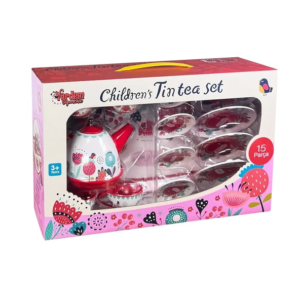 Evcilik Oyun Seti 15 Parça Çiçek Desenli Metal Çay Seti Oyuncak Fincan Seti - 3