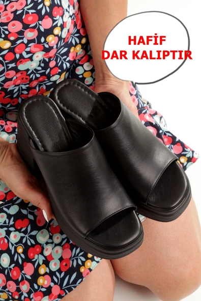 Forela Siyah Hakiki Deri Kalın Taban Yüksek Platform Terlik - Resim 2