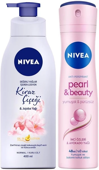 NIVEA Kadın Sprey Deodorant Pearl&Beauty 150ml, Kiraz Çiçeği Nemlendirici Vücut Losyonu 400ml