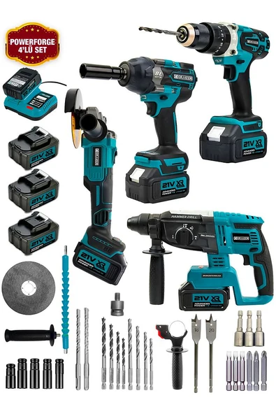 Graizer 21v Akülü Matkap & Taşlama & Kırıcı Delici Hilti & Somun Sıkma Sökme 4'lü Set Mavi - 2
