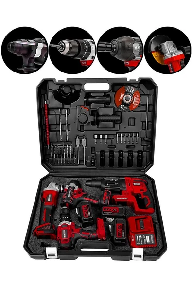 Graizer 21v Akülü Matkap & Taşlama & Kırıcı Delici Hilti & Somun Sıkma Sökme 4'lü Set Kırmızı - 3