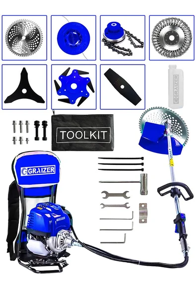 Graizer 7 Başlıklı Set Sırt Tipi Benzinli Ot Çalı Çim Biçme Tırpanı Makinesi Mavi