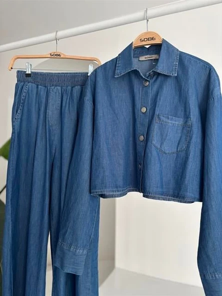 Denim Gömlek Plazzo Pantolon Takım 10163-08 - Resim 12