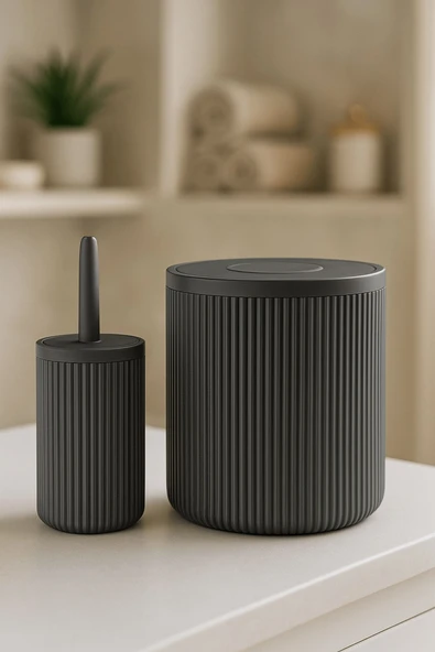 Lines Serisi Gri Banyo Seti, 2 Parça Akrilik Silindir 5 Litre Çöp Kovası ve Tuvalet Fırçası Takımı 3376 - 5