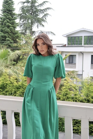 Yeşil Arkadan Bağlamalı Büzgülü Keten Elbise - Resim 4