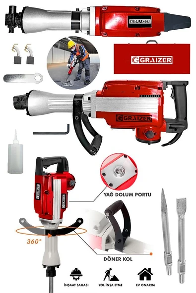 Graizer 5800 Pro 17 Kg Büyük Tip Kırıcı Hilti 70 Joule Taşıma Çantalı Kırmızı - 2