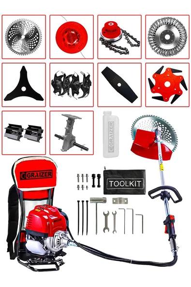 Graizer 11 Başlıklı Set Sırt Tipi Benzinli Ot Çalı Çim Biçme Tırpanı Makinesi Kırmızı