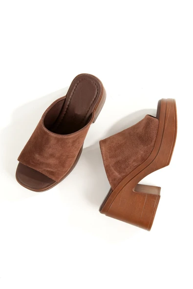 Forela Acı Kahve Süet Hakiki Deri Kalın Taban Yüksek Platform Terlik