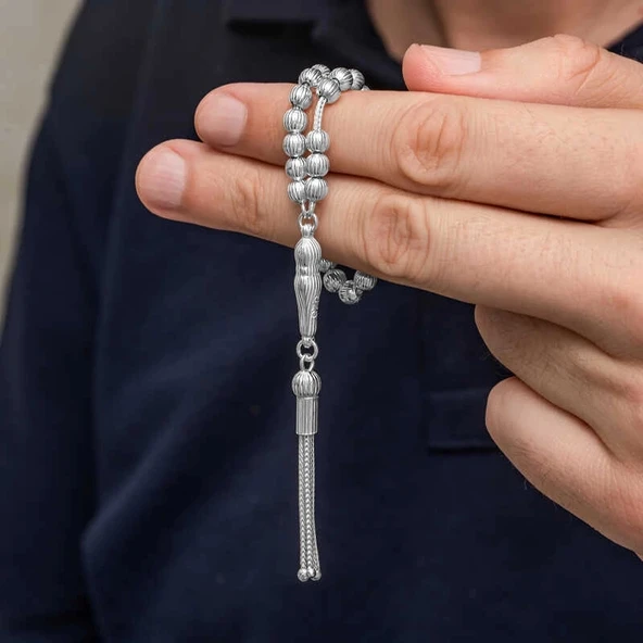 Gümüş Çizgili Yuvarlak Erkek Tesbih - 2