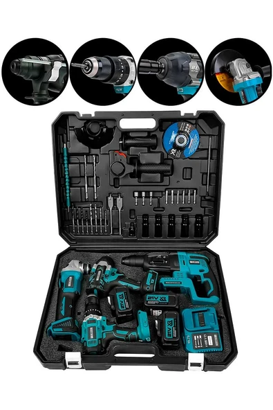 Graizer 21v Akülü Matkap & Taşlama & Kırıcı Delici Hilti & Somun Sıkma Sökme 4'lü Set Mavi - 3