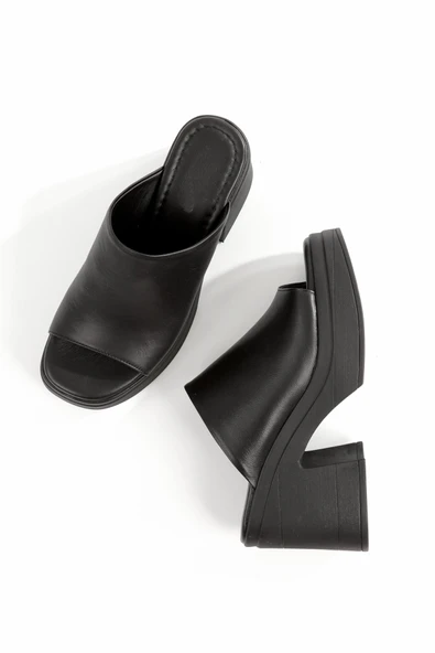 Forela Siyah Hakiki Deri Kalın Taban Yüksek Platform Terlik ürün görseli