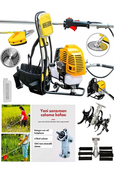58 Cc 11000 Rpm Sırt Tipi Benzinli Ot Çalı Çim Biçme Tırpan Akrobat Palet Çapa Sarı - 1