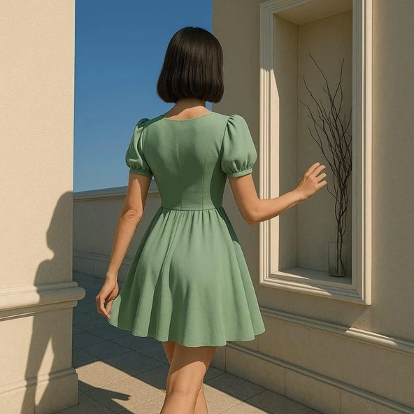 Kadın Dalgıç Kumaş Kalp Yaka Elbise - Resim 2