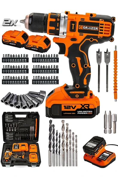 Graizer 12v Çift Akülü Vidalama Metal Şanzıman-Metal Mandren Şarjlı Matkap Turuncu - 1