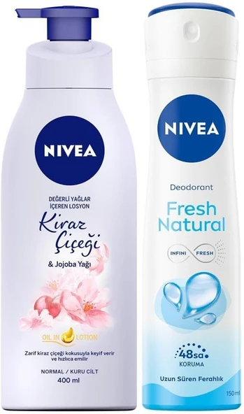 NIVEA Kadın Sprey Deodorant Fresh Natural 150ml, Kiraz Çiçeği Nemlendirici Vücut Losyonu 400ml
