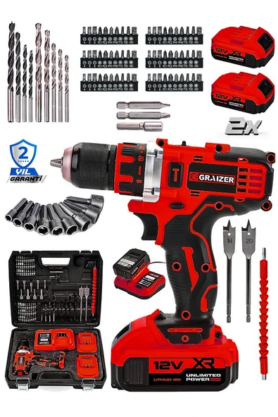Graizer 12v Çift Akülü Vidalama Metal Şanzıman-Metal Mandren Şarjlı Matkap Kırmızı - 2